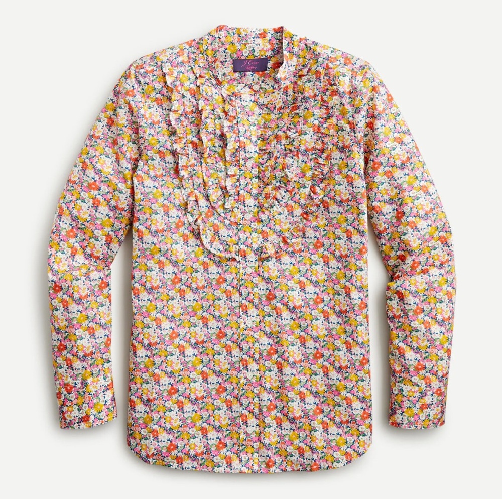 Jcrew Pink yellow floral Liberty London Ruffle Front Button Down Shirt